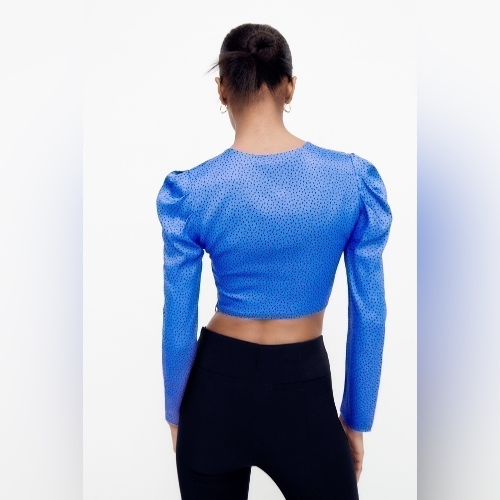 Zara Satin Blue Dot Cropped Long Sleeve Top ✨ - Picture 6 of 12